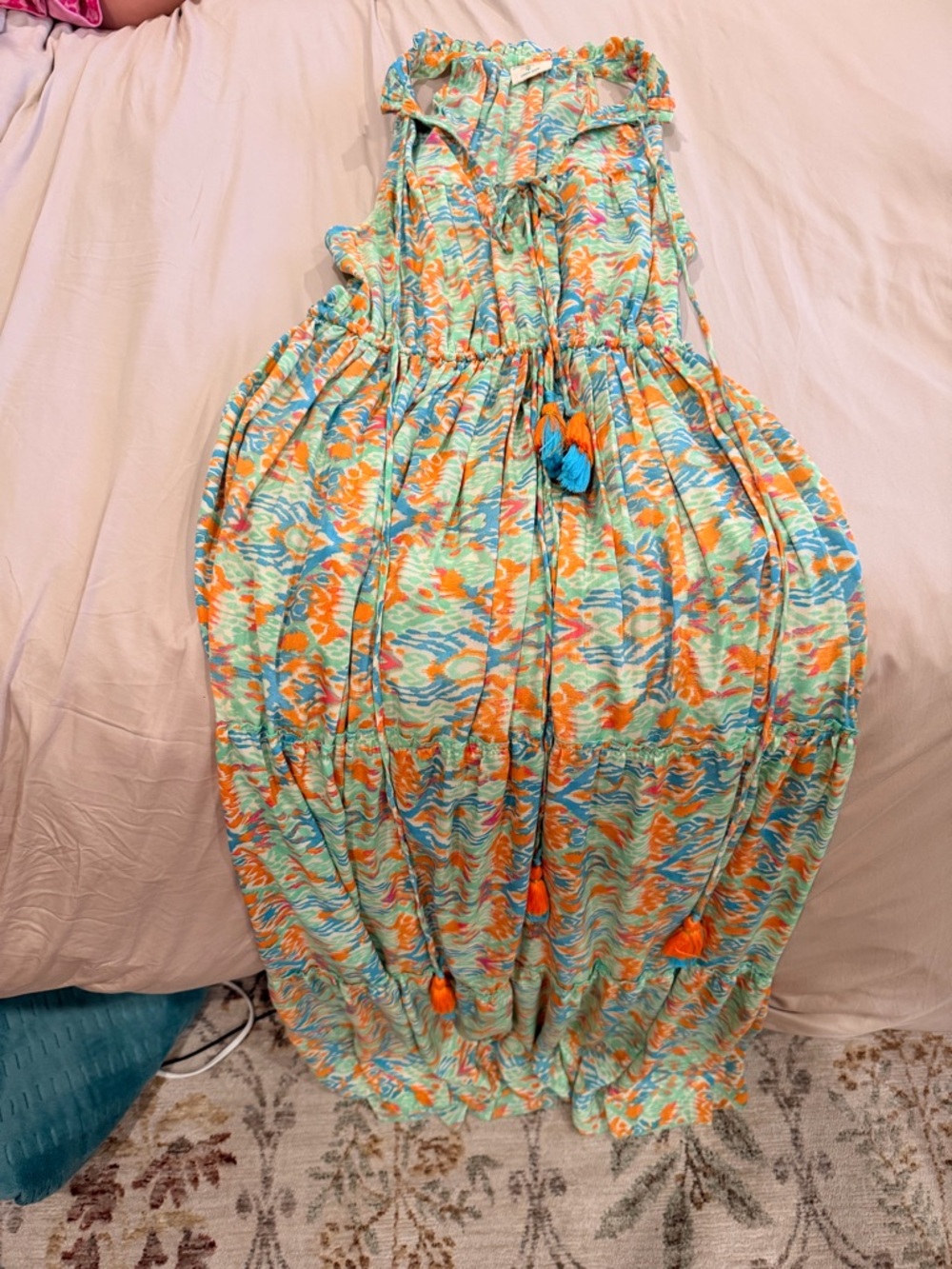Colorful Patterned Summer Dress - Aqua, Orange, Coral - Picture 2 of 4